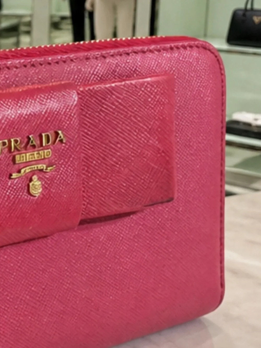 GUC Prada Pink Saffiano Metal Leather Bow Continental Wallet
